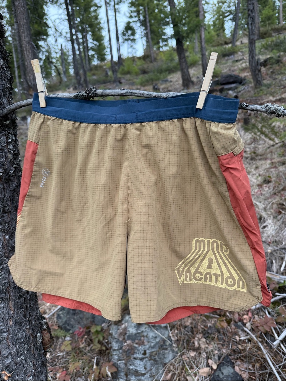 Roark Men's Two-Tone Athletic Shorts — Tan and Rust with Navy Waist